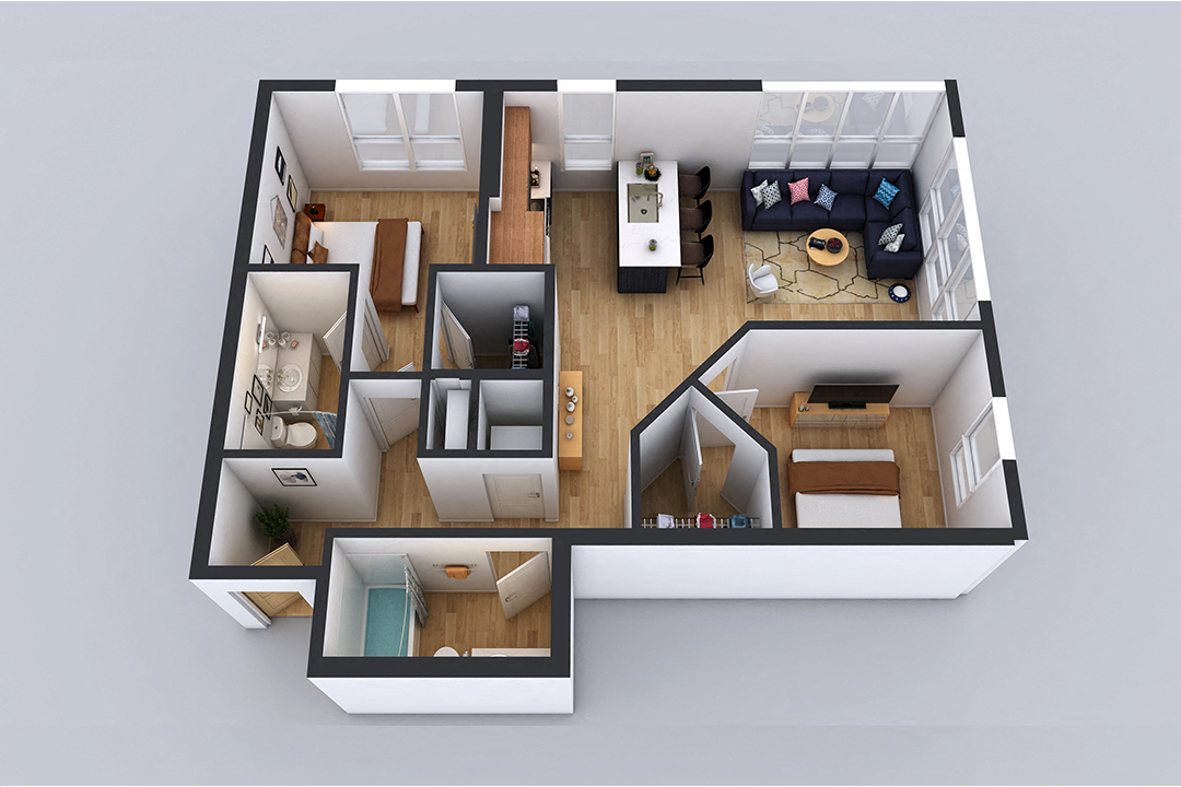 Floor plan for 2 beds, 2 baths, 995 sqft